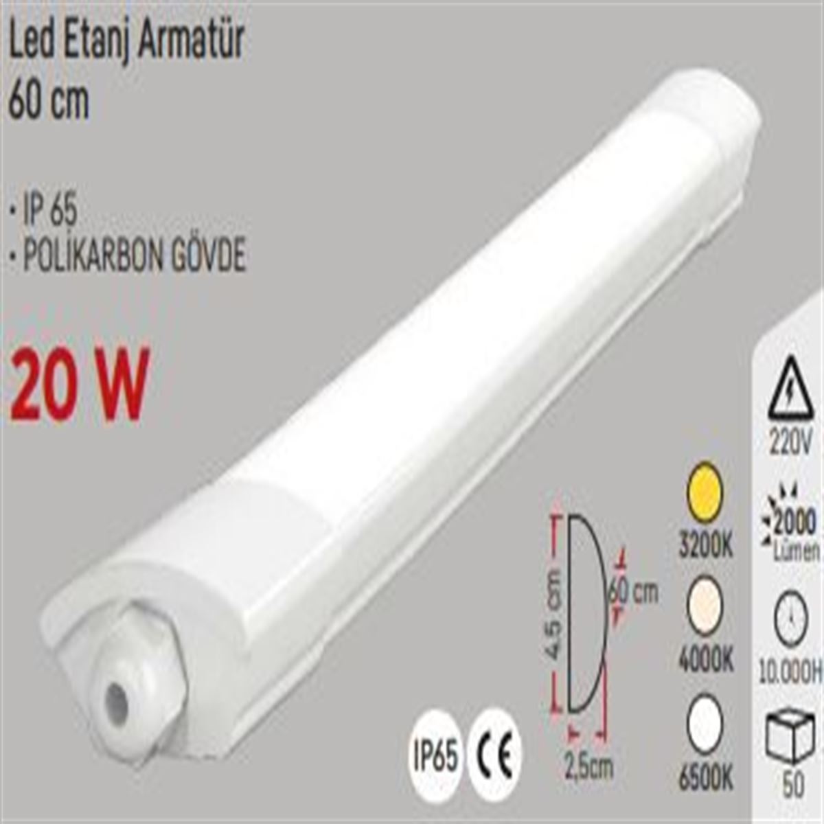 20W YATAY BANT ARMATÜR 60 CM 3200K IP65 1
